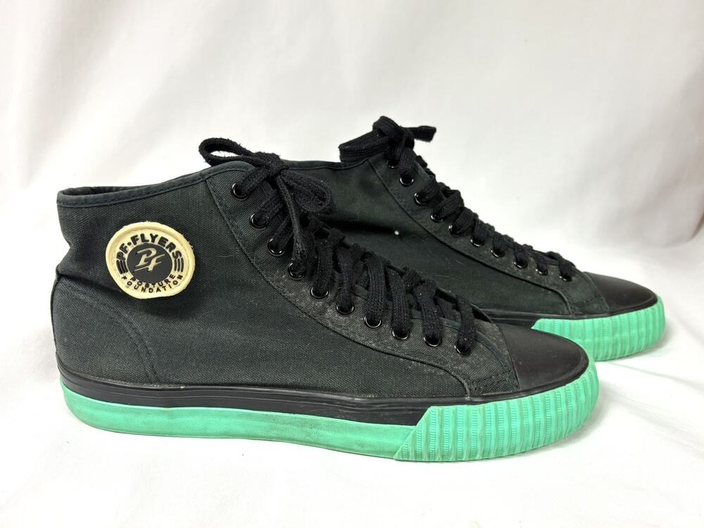 P.F. Flyers Black Canvas High-Top Sneakers with Mint Green Sole